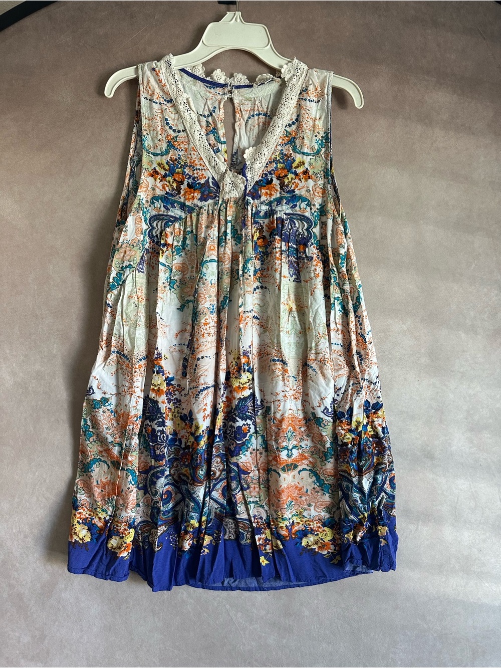 Umgee Boho Floral Sleeveless Crocheted Dress - Orange & Blue. Size Large